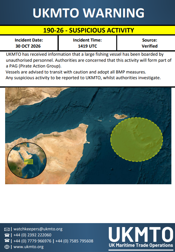 UKMTO Publishes Maritime Security Warning 190-26